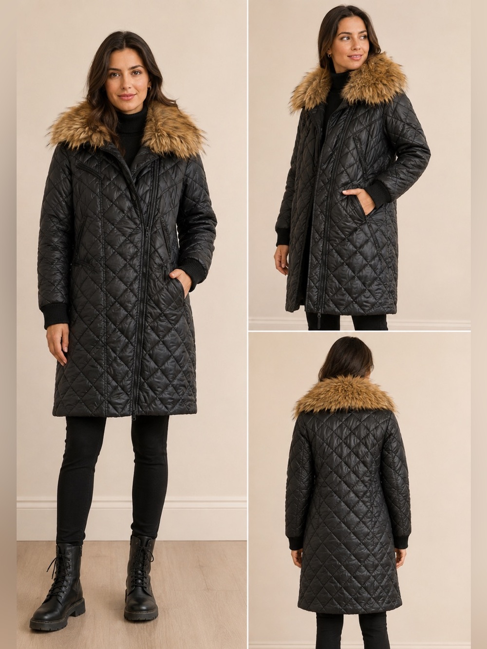 Women's Quilted Black Coat with Fur Collar